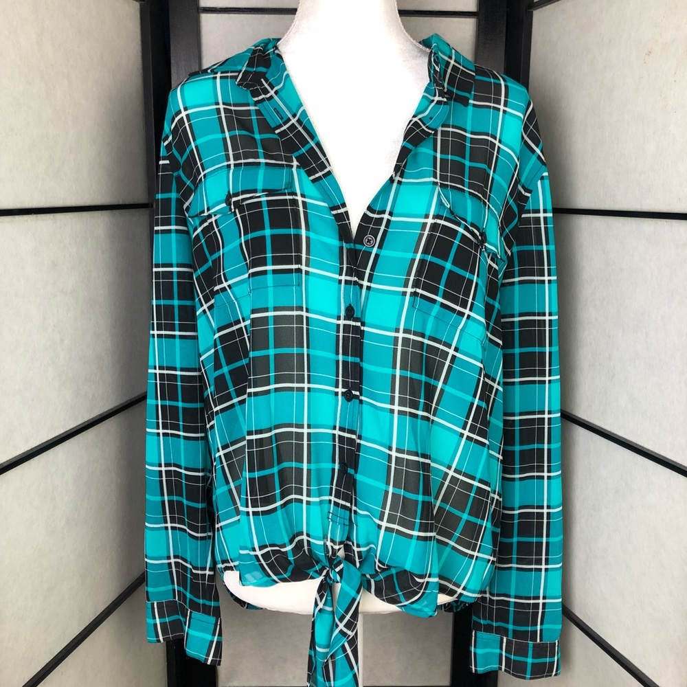 Michael Kors Plaid Sheer Button Knot Blouse Large